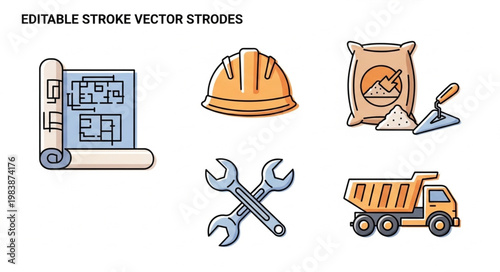 Construction Icons Set Blueprint Helmet Cement Truck Tools.