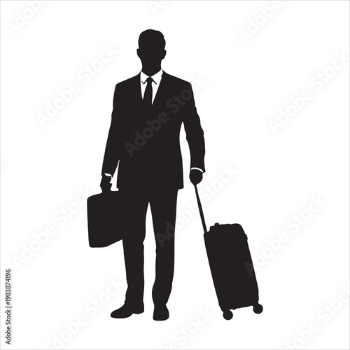 Businessman Traveling with Suitcase and Briefcase Silhouette Vector Illustration