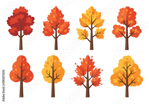 Collection of stylized autumn trees featuring vibrant red, orange, and yellow foliage, perfect for seasonal graphics and design elements