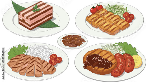 Grilled Meat and Japanese Dish Illustration Set with Pork Cutlet Teriyaki Chicken and Bacon Plate Meals for Restaurant Menu Food Design