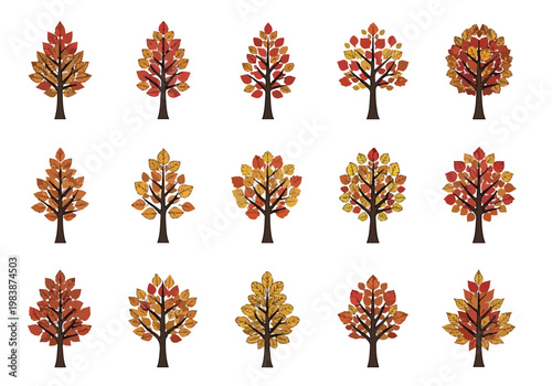 Autumn season trees with colorful leaves in red, orange, and yellow hues, depicted in a simple, stylized illustration