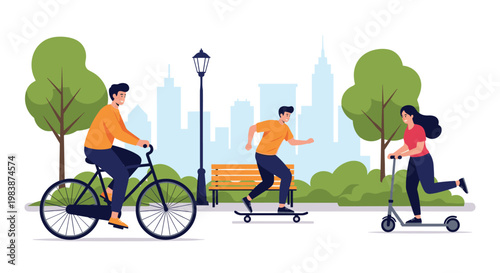 People enjoying outdoor activities in a city park with a man on a bike, a boy on a skateboard, and a girl on a scooter with city skyline.