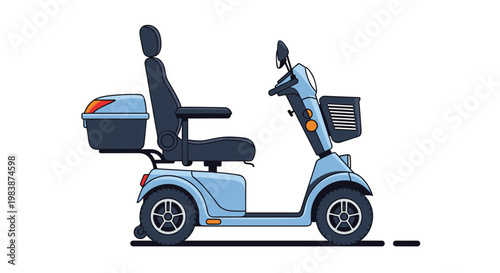 Modern light blue mobility scooter or electric wheelchair designed for seniors or people with disabilities shown from a side profile view.