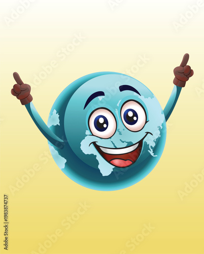 Illustration of a globe cartoon mascot rising both hands up on an isolated light yellow background