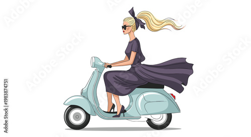 Stylish blonde woman in a flowing purple dress and sunglasses riding a vintage light blue scooter with her hair blowing in the wind.