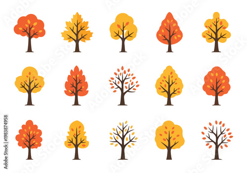 A charming collection of stylized autumn trees in warm, autumnal colors, perfect for seasonal design and decoration