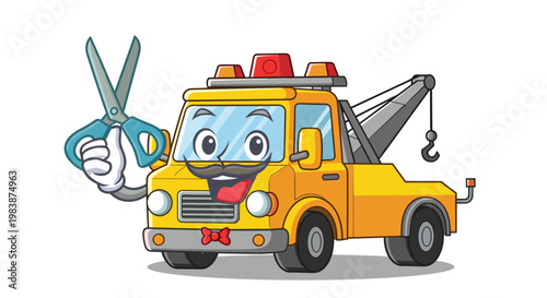 Cartoon yellow tow truck character with a mustache and bowtie holding a pair of giant scissors appearing as a friendly service mascot.