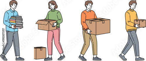 Moving House Illustration Set with People Carrying Boxes, Books, and Packing for Relocation Design