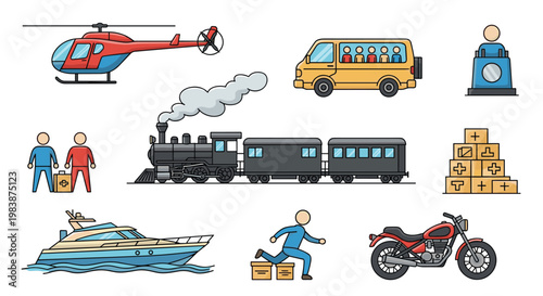 Collection of rescue and transport icons including a helicopter, bus, train, yacht, motorcycle, and medical supply crates on a white background.