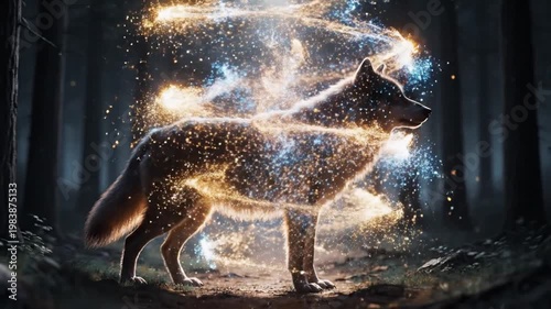 Mystical animal footage of glowing spirit wolf in dark magic forest