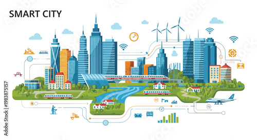 Detailed illustration of a futuristic smart city with modern skyscrapers, green energy solutions like wind turbines, and advanced transport systems.