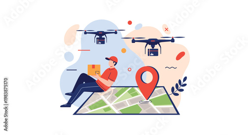 Logistics professional sitting on a map with a package while autonomous drones fly above him carrying boxes to various destination locations.