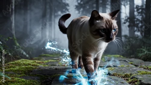 Mystical animal footage Siamese cat walking with glowing blue magic