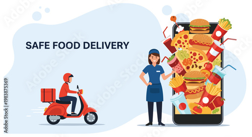 Safe food delivery concept with courier on scooter and large smartphone filled with pizza burgers and drinks.