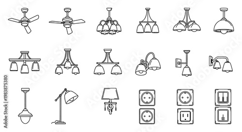 collection of lighting fixtures and electrical outlets on a white background