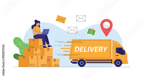 Logistics manager sitting on cardboard boxes using laptop to coordinate delivery truck and shipping operations.