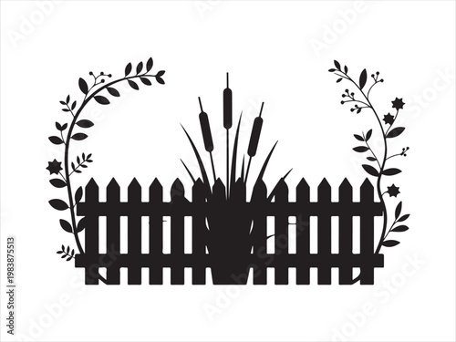 Black garden fence with a climbing vine plant silhouette vector illustration isolated on white background