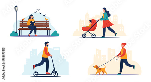 People engaged in various outdoor city activities like reading walking a baby riding a scooter and dog walking.