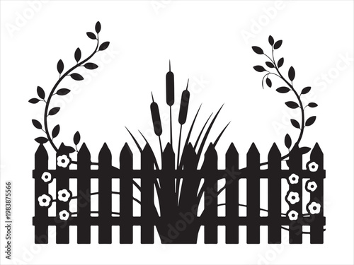 Black garden fence with a climbing vine plant silhouette vector illustration isolated on white background