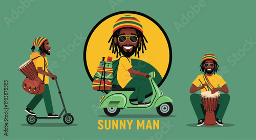 Sunny Man character set featuring a reggae style man riding a green scooter walking and playing a djembe drum.
