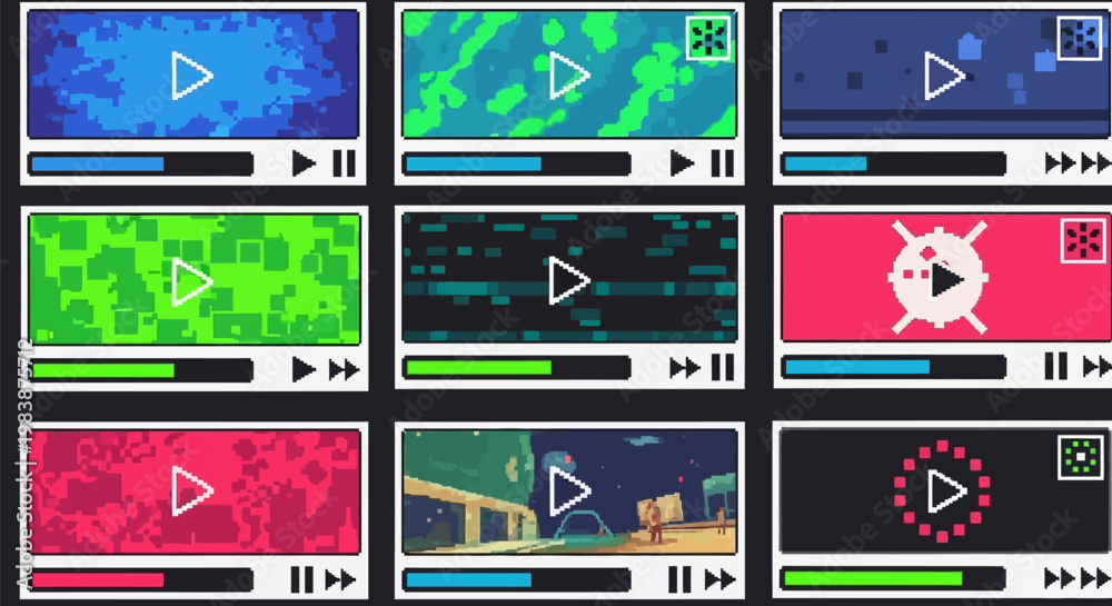 Fototapeta premium Multicolored video player interface with play buttons and progress bars on a dark background