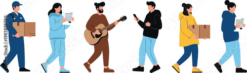 People Moving and Walking with Boxes, Phone, and Guitar for Relocation, Lifestyle, and Daily Activity Illustration Designs