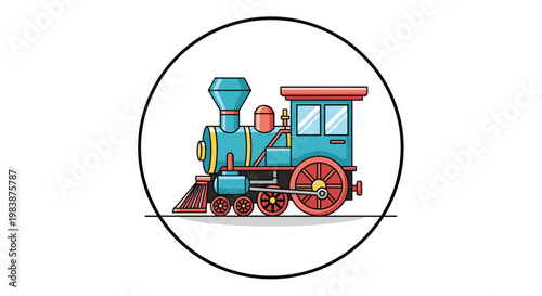 Vintage steam locomotive train engine illustration detailed with blue and red colors inside a simple circle frame.