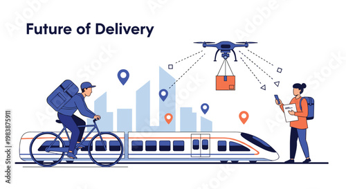 Future of delivery concept featuring drone delivery bicycle courier and high speed electric train infrastructure.