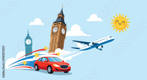Travel concept illustration featuring a red car and white airplane moving quickly past London's Big Ben tower.