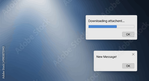 Computer screen displays pop up windows for downloading attachment and new message notification on a blue background