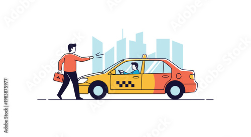 Professional man with a briefcase hailing a yellow taxi cab in a city with modern buildings in the background.