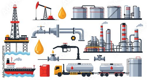 Detailed oil and gas industry icons set including drilling rigs pipelines factories tankers and storage tanks.