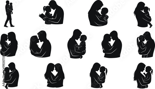 Silhouettes of parents and children in tender embraces, showing love and affection, transparent background.
