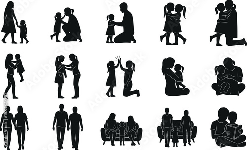 Black silhouettes of mothers and daughters interacting on transparent backgrounds.