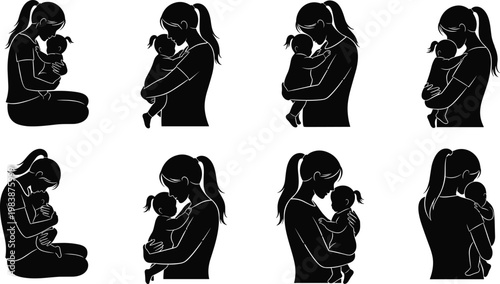 Silhouettes of mothers tenderly holding babies on transparent backgrounds.