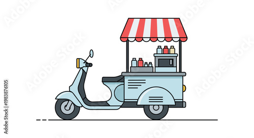 Mobile food stall built on a blue three-wheeled motor scooter features a red and white striped awning for selling beverages.