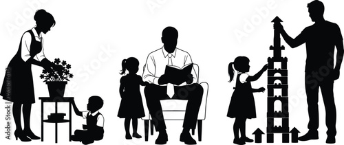 Family silhouettes of mother father and children doing activities together.