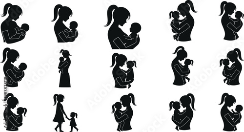 Mothers holding babies silhouette collection expressing love and care.