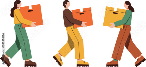 People Moving Boxes Illustration Set for Relocation, Packing, and Home Organization Design
