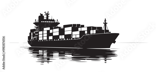 Container Cargo Ship Silhouette Vector with Water Reflection Black Maritime Freight Transportation Illustration