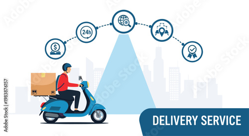 Delivery service concept features a courier on a blue scooter with icons showing global tracking, twenty four hour service, and cost.