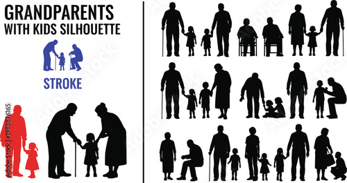 Grandparents with kids silhouette vector graphics set.