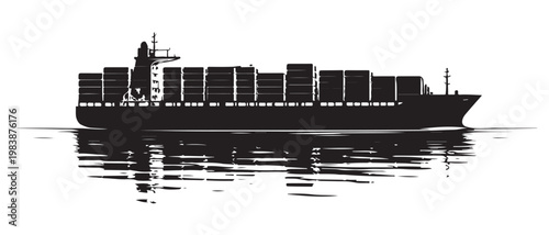 Container Cargo Ship Silhouette Vector with Water Reflection Black Maritime Freight Transportation Illustration