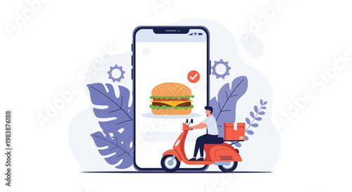Food delivery application concept shows a giant smartphone displaying a hamburger with a courier on a scooter in the foreground.