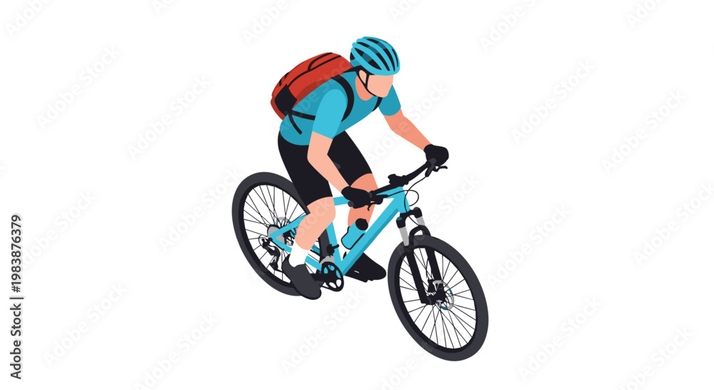 Obraz premium Male cyclist in professional gear is seen riding a blue mountain bike with a red backpack in an isometric view.