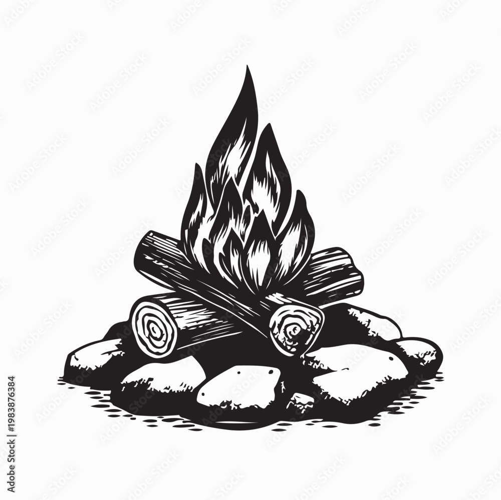 Obraz premium Bonfire with Firewood Retro Camping Vector Design On White Background
