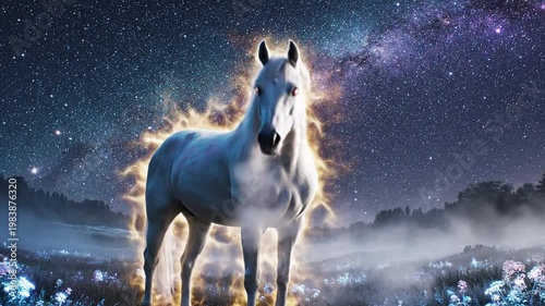 Ethereal white horse with golden aura mystical animal footage