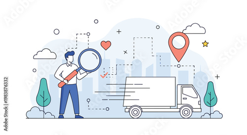 Logistics management illustration shows a person using a magnifying glass to track a fast moving delivery truck in the city.