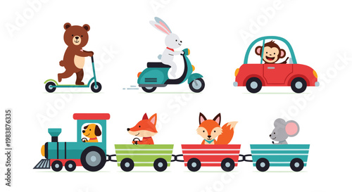Whimsical collection of cute animal characters using various vehicles like a scooter, car, train, and kick scooter.