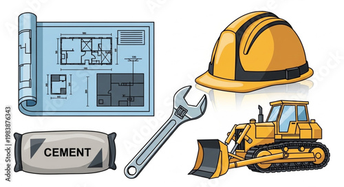 Construction industry tools and materials blueprint hard hat cement and bulldozer.